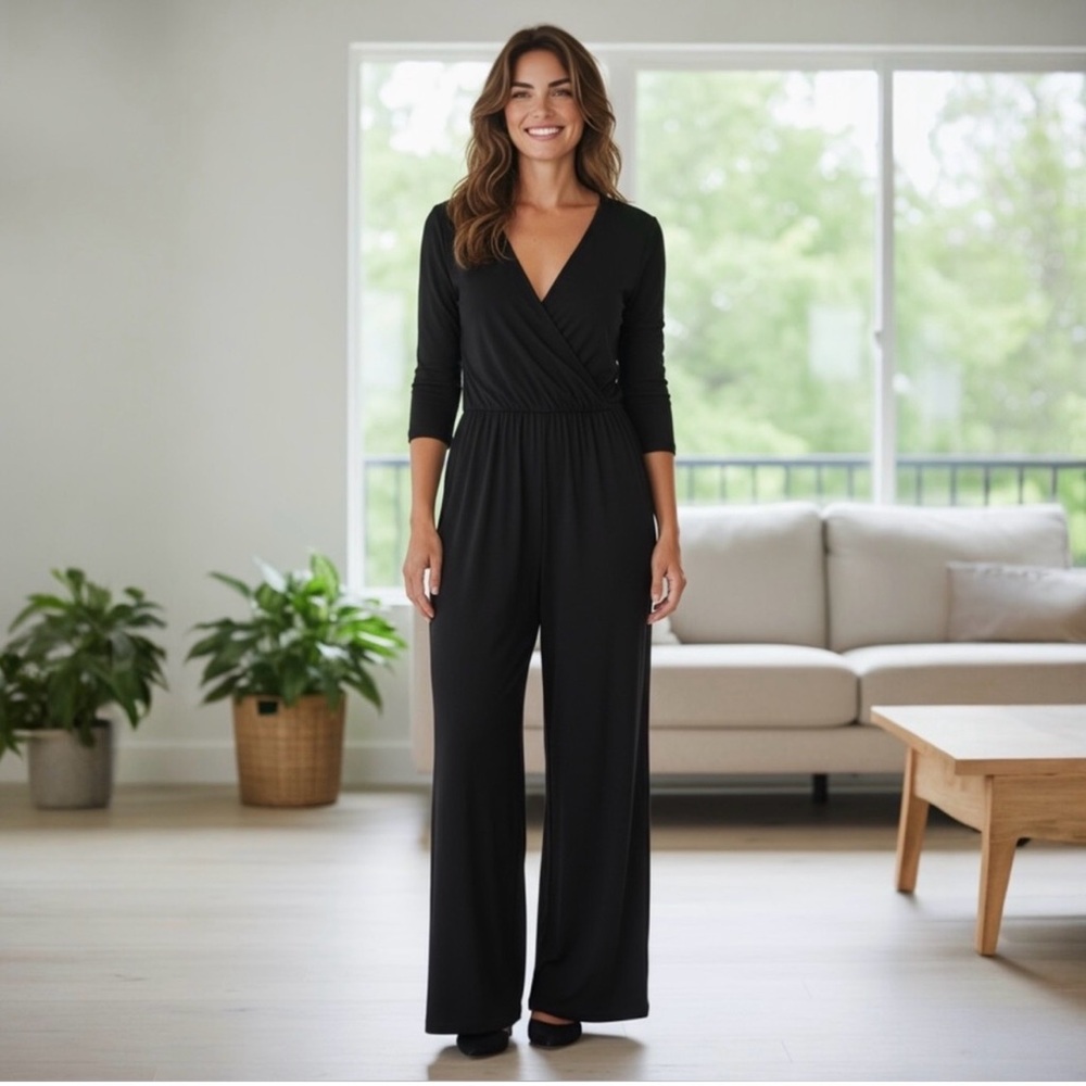 INC International Concepts Jumpsuit Black Wide Leg V-Neck Long Sleeve Size Small